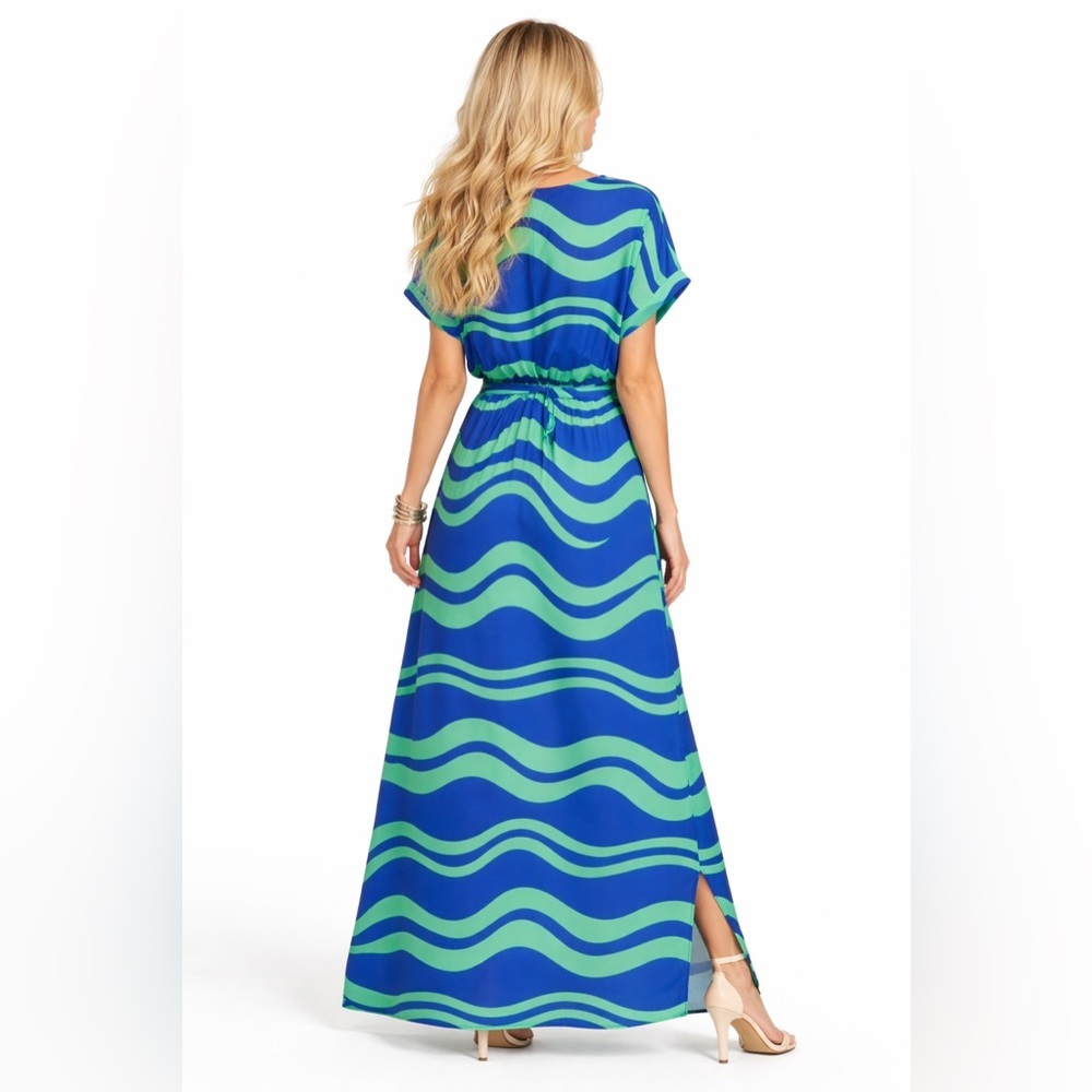 Blue Green Wave Print Maxi Dress Tie Waist V Neck Dolman Sleeves - Picture 2 of 3
